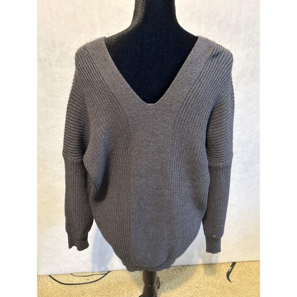 Lovemarks Gray Lace Up V-Neck Chunky Knit Sweater Womens Medium Charcoal Ribbed